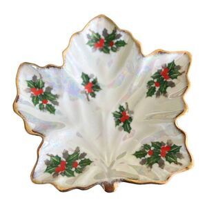Ucagco China Candy Dish Japan Holly Iridescent Lusterware Christmas Vintage